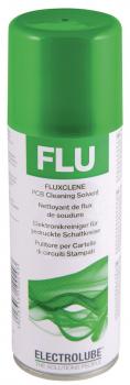 The image shows a spray can with a green lid and white lettering. On the can, it reads "FLUXCLENE" and "PCB Cleaning Solvent". Below that, there are multilingual instructions for use.