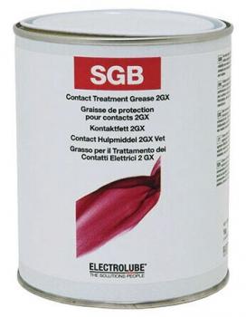 Das Bild zeigt eine runde Dose mit einem Metallverschluss. Die Vorderseite hat einen roten Bereich mit dem Aufdruck "SGB" und Informationen über Kontaktfett. Der Hintergrund ist weiß.