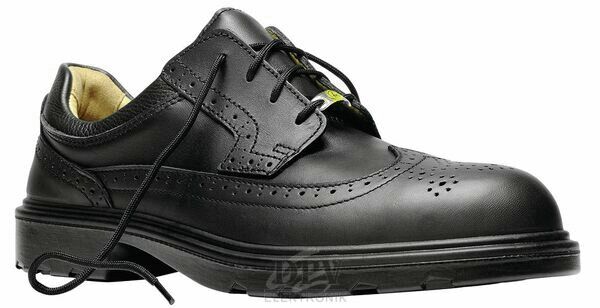 Das Bild zeigt einen schwarzen, eleganten Schnürschuh. Er hat eine glatte Oberfläche, seitliche Verzierungen und eine rutschfeste Gummisohle. Die Schnürsenkel sind mittig platziert.