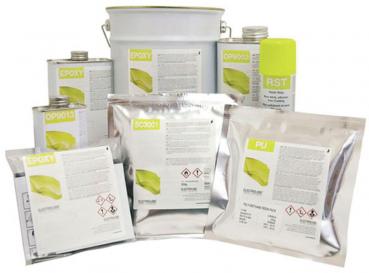 The image displays an arrangement of various containers with chemicals. These include cans, bags, and a bucket, all in different sizes, with labels that contain warning symbols and information.