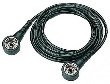 The image shows a black audio cable with two round connectors at both ends. The cable is coiled in a spiral and has a smooth surface.