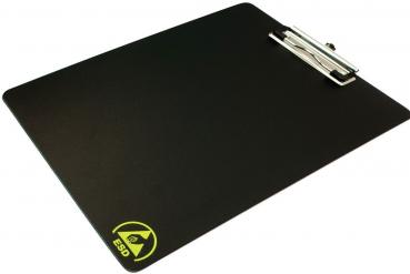 The image displays a black clipboard with a silver clip at the top. In the bottom left corner, there is a yellow symbol labeled "ESD". It has a flat, smooth surface.