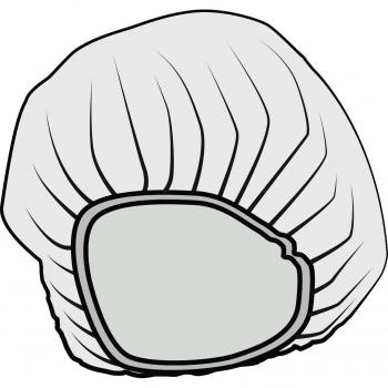 The image shows a shower cap. It is round, with an elastic edge. The top part is wrinkly and slightly curved, the lower edge is smoother and more clearly defined.