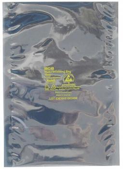 The image shows a transparent, shiny plastic bag. Technical or safety-related information is printed on it in yellow font. The bag appears smooth and sealed.