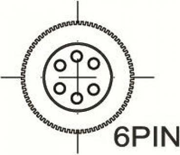 The image displays a circular representation with six points evenly distributed. A horizontal and vertical line intersect in the center. Below it reads "6PIN".