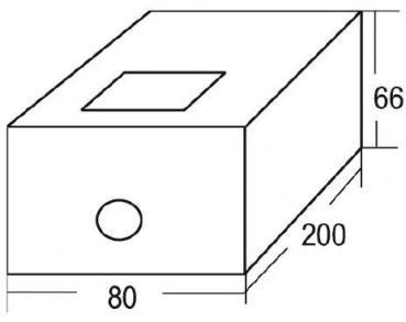 The image depicts a rectangular cuboid with dimensions 200 mm (length), 80 mm (width), and 66 mm (height). There is a circular cutout on one of the short sides. There is a rectangular window on the top.