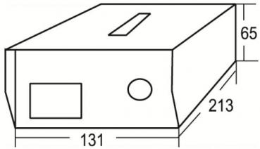 The image shows a rectangular box with dimensions. It has a slit-shaped notch on the top and a round hole as well as a rectangle on the side surface. The dimensions are provided.