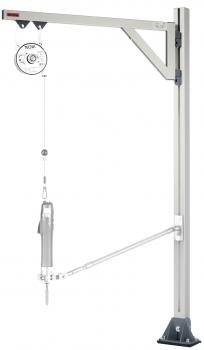 The image shows a sturdy, vertical lever with a horizontal arm extension. At one end, there is a pulley with a rope and a handle. The entire structure is made of metal.
