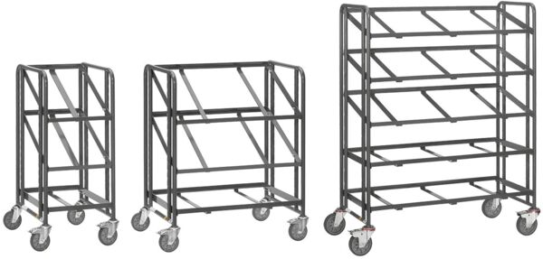 The image shows a tall, open cart made of metal with four wheels. It has three shelves supported by struts. The cart is sturdy and suitable for transporting items.