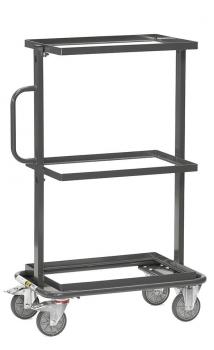 The image shows a black serving cart with three open shelves. It has a sturdy frame and four casters for easy movement. A handle is attached on the side.