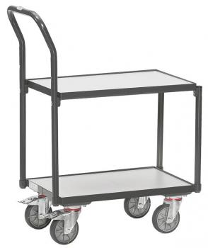 This is a two-tier serving cart with a metal frame and two shelves. The cart has four wheels and a long handle for pushing.