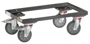 The image shows a sturdy metal transport dolly with four large, swivel wheels. The frame is rectangular and has practical attachments at the corners.