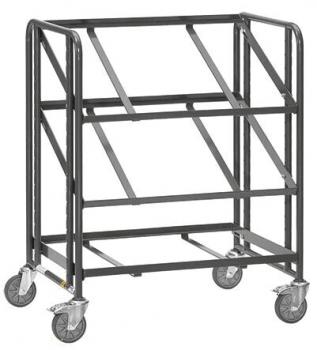 The image shows an open, rectangular cart with four wheels. It has two side handles, three shelves at different heights, and a sturdy structure made of black metal.