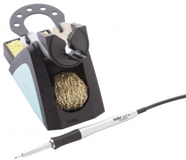 The image shows a soldering iron with a long, silver handle and a narrow, metallic soldering tip. A black cable runs from the bottom of the handle.