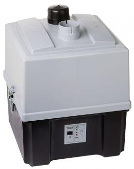 The image shows a compact, square device with a white upper part and a black lower part. At the top, there is a round outlet and a lid. On the front, there are buttons and a display.