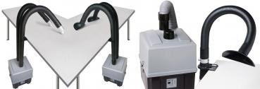 The image displays a gray device with a rounded lid and a hose that curves upward in an arch-like shape. The hose features a wide, open nozzle.