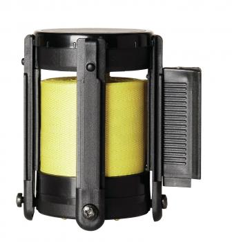 The image shows a compact, cylindrical container made of black plastic. It has a transparent inner window and a side mount. The lid is flat and smooth.