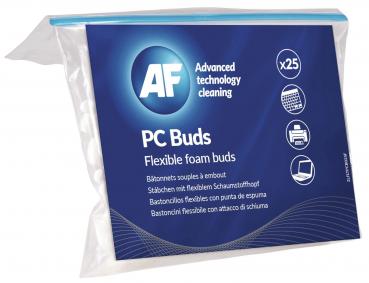 Das Bild zeigt eine transparente Verpackung mit 25 flexiblen Reinigungstäbchen. Das Etikett erklärt die Verwendung für PC und andere Geräte in verschiedenen Sprachen. Sichtbare Farben sind Blau und Weiß.