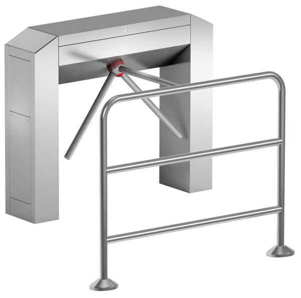 The image shows a metal turnstile. It has a rectangular shape with a horizontal bar that rotates when pushed. On the side, there are sometimes readers or QR code scanners.