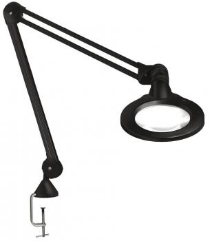 The image shows a swivel magnifying glass with integrated light. It has a white, flexible arm and a clamp for attaching to a table. The lens is round and magnifies objects.