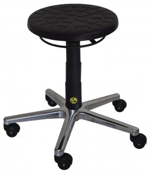 The stool has a round, black, rubberized seat with a textured pattern. It features a height-adjustable, black supportive column and a chrome-plated, five-spoke base with casters.