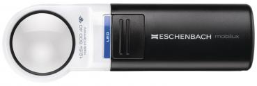 The image shows a digital reading magnifier from Eschenbach. It has a black casing, a large, round lens, and LED lighting for better illumination of the reading material.