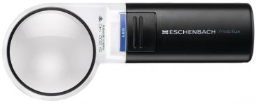 The image displays a black reading magnifier with a large, round lens and an integrated LED light. There is a compartment for batteries on the side. The magnifier has a modern, functional look.