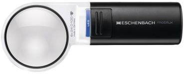 The image displays a large hand-held magnifying glass with a round, clear lens on the left side. The handle is black, and below it, there is a blue switch with an LED light.