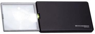 The image shows a black, flat reading magnifier with a transparent magnifying glass on one side. The magnifier is lightweight and portable, with an integrated light source.