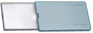 The image displays a compact, rectangular magnifier in a blue casing. The casing is closed and has the inscription "easyPOCKET" on the top. The magnifier is foldable and features a smooth, clear lens.