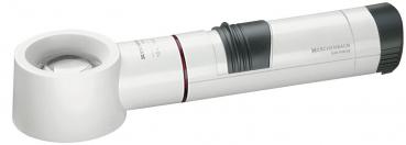 The image shows a handy magnifying glass with a white, round casing at one end and an elongated, black handle. The lens is large and clear, ideal for magnifying text or objects.