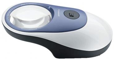 The image shows an optical reading magnifier. It has an oval shape with a large, round magnifying glass in the center. The top side is blue and the bottom side is black.