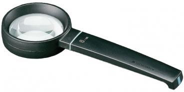 The image shows a magnifying glass with a large, round lens. The handle is black and slightly oval, with the magnifying glass positioned on the left side. It is used for enlarging text or details.