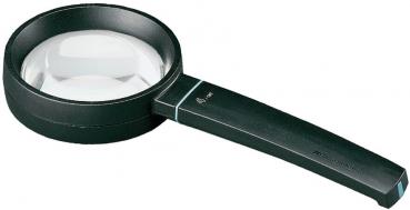 The image shows a black magnifying glass with a round, transparent lens and a long handle. The lens is slightly curved and magnifies objects beneath it.