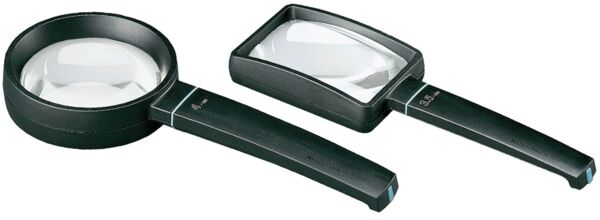 The image shows a magnifying glass with a large, round lens. The handle is black and slightly oval, with the magnifying glass positioned on the left side. It is used for enlarging text or details.
