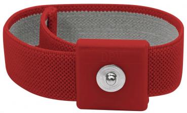 This is a flexible, red bracelet with a wide, smooth section in the middle. The inside is gray and has a textured surface. A metal button is visible.
