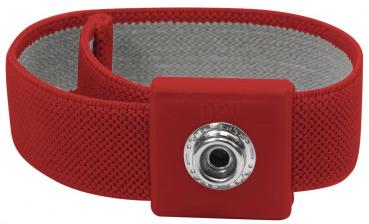The image shows a red mesh bracelet with a square, gray clasp. The clasp has a silver, round snap-button appearance in the center.