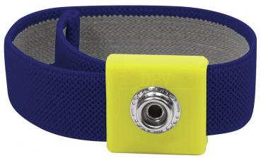 Das Bild zeigt ein Elastikband in Blau mit einem auffälligen, gelben Verschluss. Der Verschluss hat einen runden, silbernen Teil in der Mitte, der glänzt.