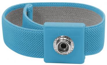 The image shows a blue, elastic bracelet with a square clasp. The inside is gray and the surface is textured. The clasp has a metal ring.