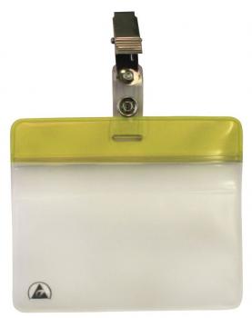 The image shows a transparent plastic cover for IDs. It has a yellow border at the top and a clip for attachment. The cover is designed to be simple and functional.