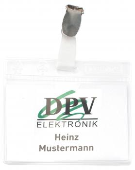 The image displays a name tag in a transparent cover. At the top, it reads 
