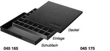 The image shows a flat, square tray in matte black, divided into four equal rectangular compartments. It has a simple, elegant shape.