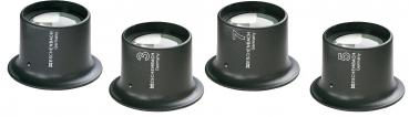 The image shows a black magnifying glass with a sturdy, round base. The lens is clear and convex, and on the base it says 