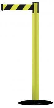The image shows a striking, vertical post in bright yellow. At the top, there is a black-flecked barrier tape that can be extended horizontally.