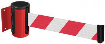 The image displays red-and-white barrier tapes with a round black casing. The tape is patterned in a zigzag, with red and white stripes, and is used for securing areas.