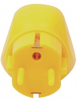 The image shows a yellow socket adapter. It has a round shape with two parallel pin openings and a round hole in the center. The surface is smooth and shiny.