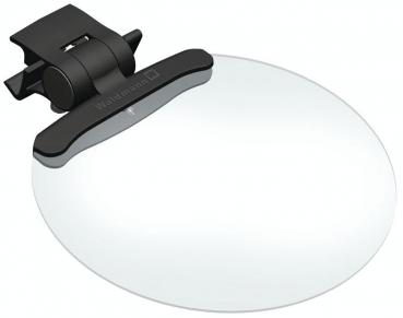The image shows a round magnifying glass with a black plastic handle. The handle has a clip to attach the magnifying glass. The lens is transparent and magnifies objects.