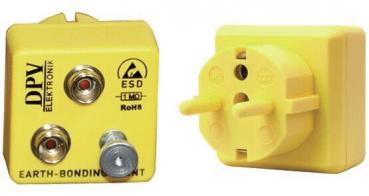 The image shows a yellow grounding plug from DPV Electronics. It has two holes and a round socket on the right side, which is used for electrical devices.
