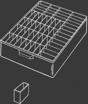 Das Bild zeigt einen rechteckigen Behälter mit vielen kleinen Fächern, ideal zur Aufbewahrung oder Organisation. Ein kleineres Fach ist daneben abgebildet.