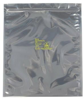The image shows a shiny, black foil bag. It has a smooth surface and features printed yellow information in the middle, including icons and text.